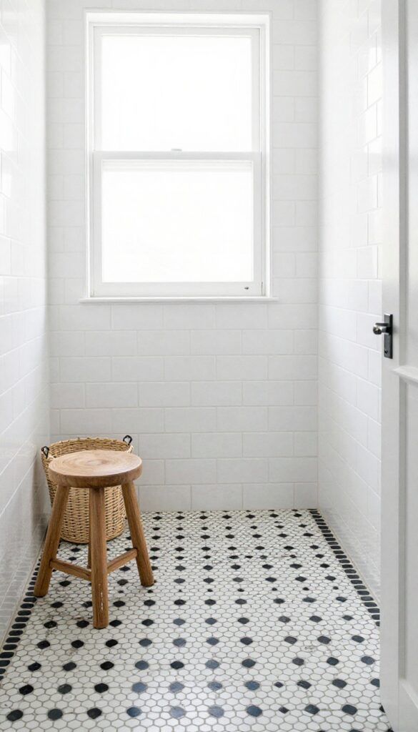 A white tile shower with patterned black and white hexagon floor tiles, natural light, teak stool, and woven basket in a clean, modern bathroom setting.