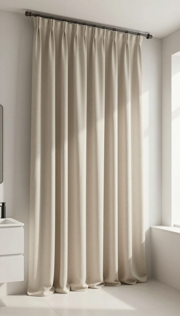 Custom-length linen curtains in a bathroom with tall ceilings, showcasing a dramatic and tailored look with natural light and clean design.