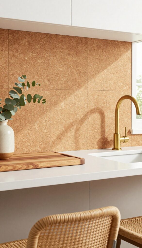 Cork tile backsplash in a bright kitchen with natural textures and warm lighting