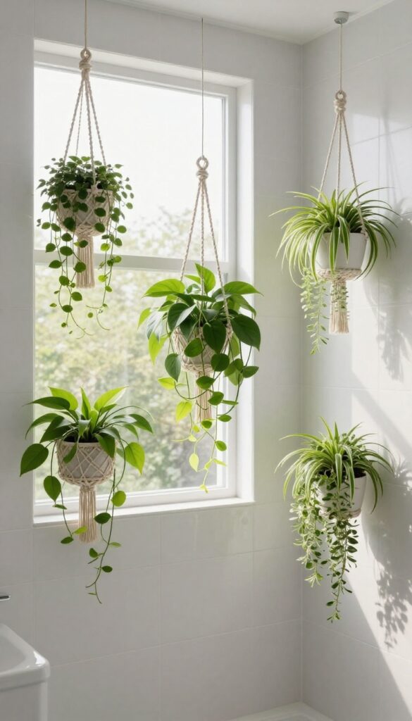 A bathroom shower with a window featuring hanging plants in macramé hangers, creating a fresh and calming oasis with natural light.