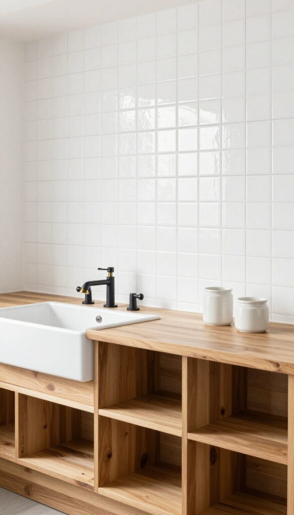 White bead board backsplash with dark grout in a bright kitchen with butcher block countertops and open shelving