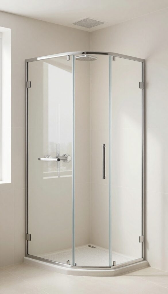 A stylish master shower interior highlighting important design details like lighting, ventilation, and textured floor tiles in bright natural light.