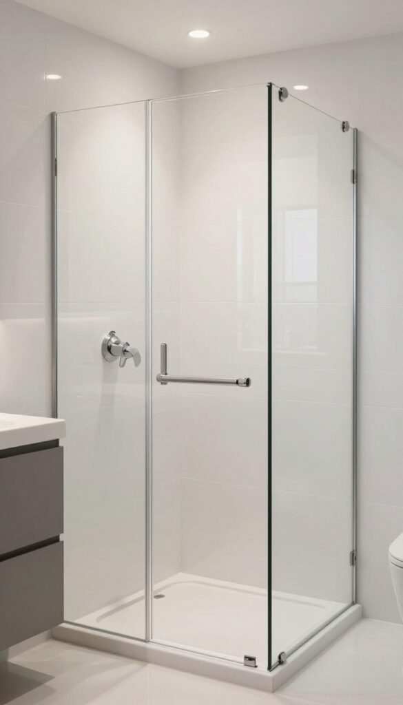 Glossy white ceramic tile backsplash in a small bathroom shower reflecting natural light to visually expand the space and add a modern touch.