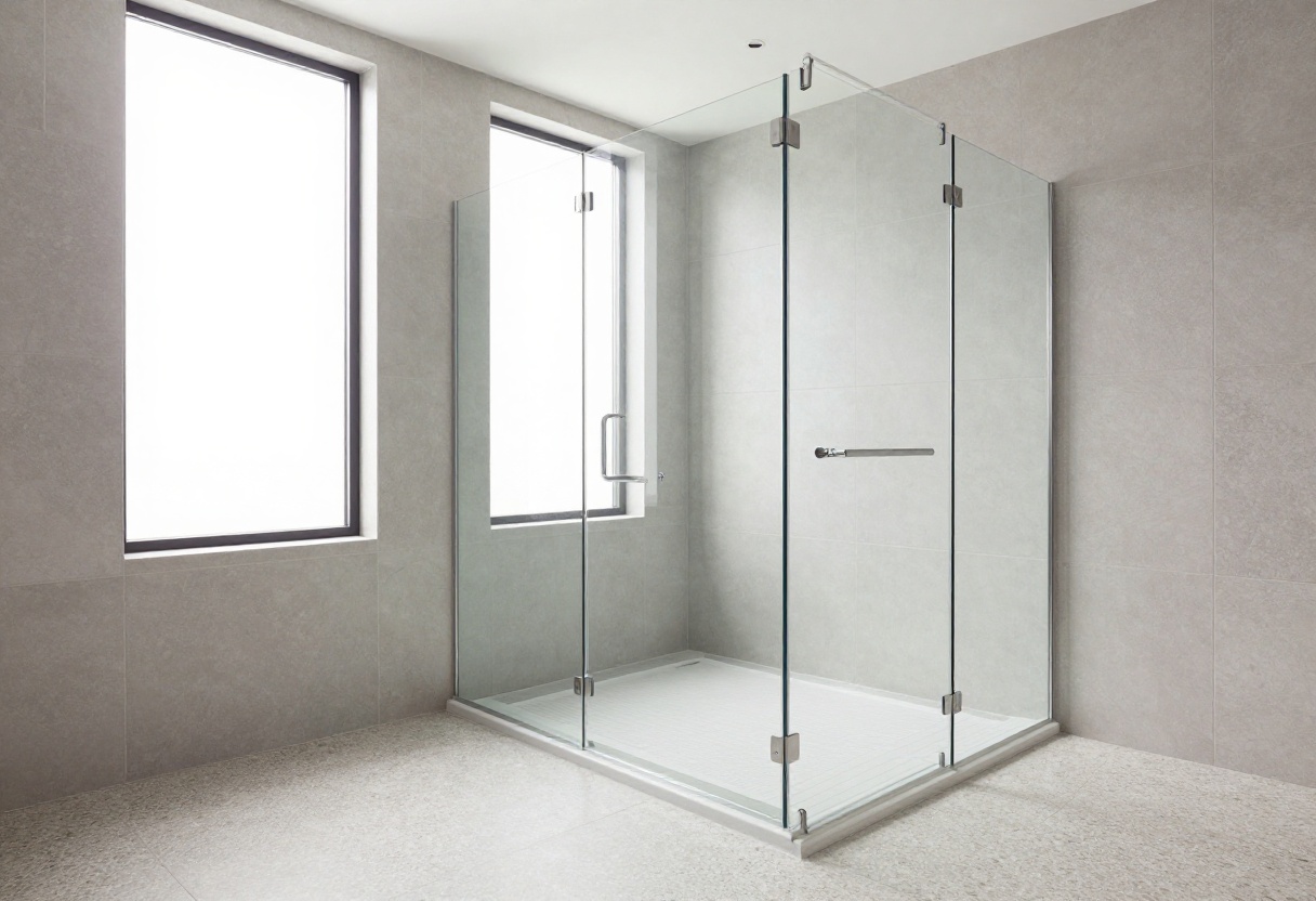 Modern curbless shower with light gray tiles, glass partition, and natural light in a polished bathroom setting.