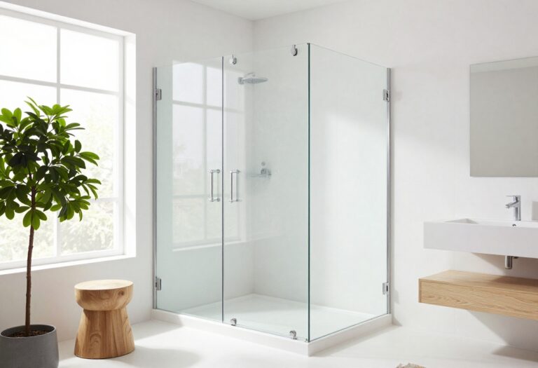 Modern small bathroom with frameless glass shower door, white tiles, and natural light