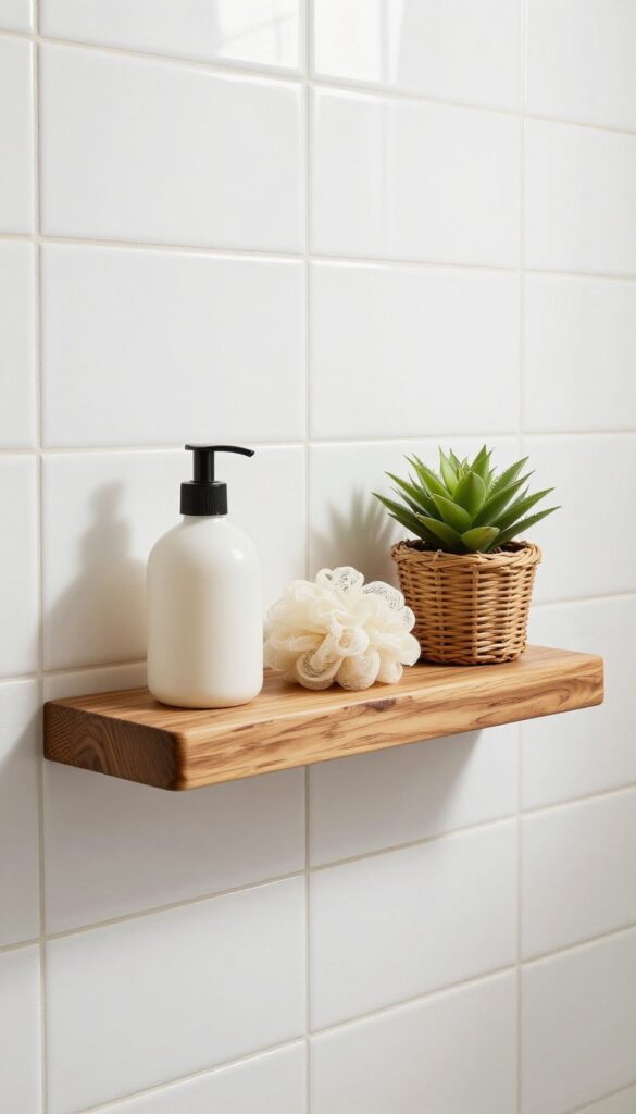 A rustic wood shelf niche in a shower with warm-toned wood against white tiles, holding ceramic body wash and loofah for tidy organization.