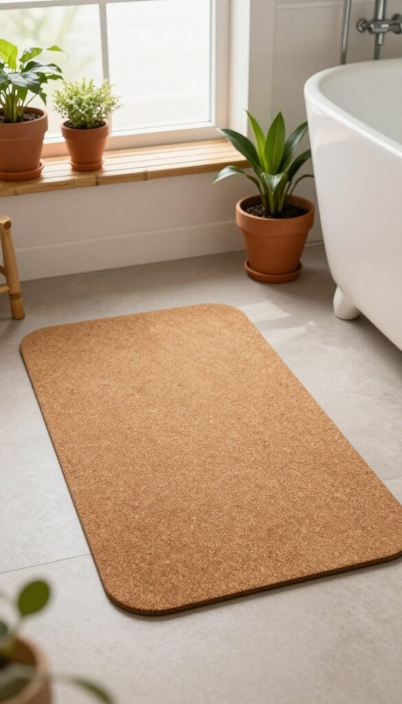 A cork mat on a bathroom floor with natural decor elements like bamboo shelves and plants, showcasing eco-friendly warmth in a clean, bright setting.