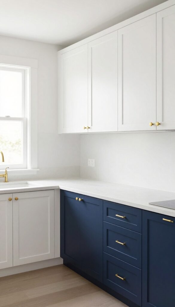 Two-tone kitchen with white upper cabinets and navy blue lower cabinets
