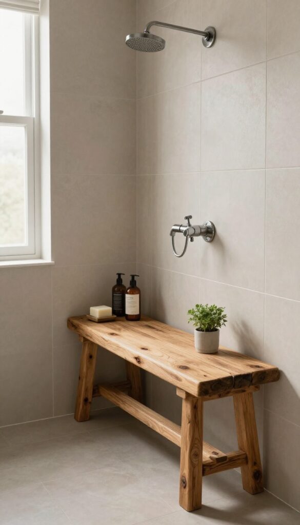 A farmhouse-style bathroom shower with a wooden bench inside for storage and comfort, showcasing rustic charm in bright natural light.