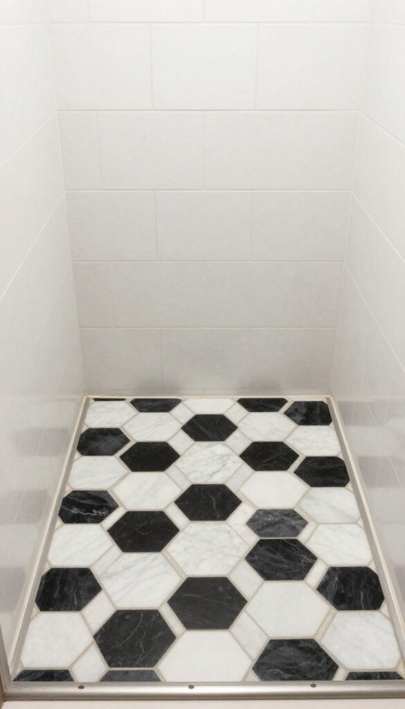 A standing shower with a statement mosaic tile floor in black and white hex pattern against simple neutral walls.