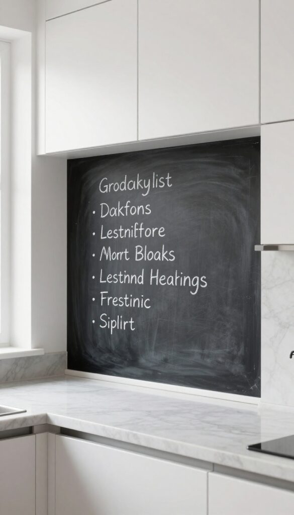 Kitchen with a narrow chalkboard backsplash strip between white cabinets and marble countertop, showing handwritten grocery list in white chalk markers, bright natural light, modern minimalist style.
