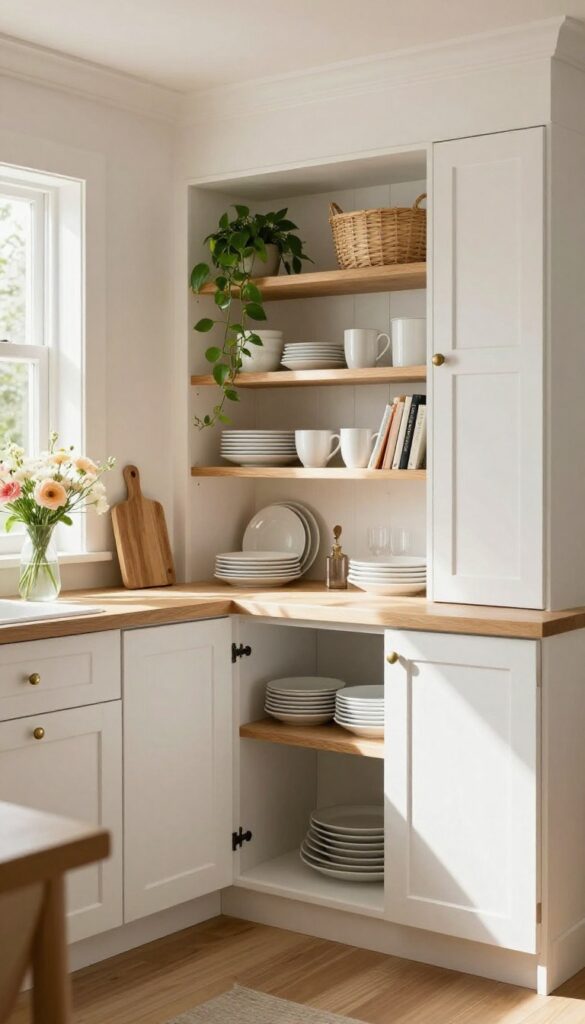 A bright cottage kitchen with open shelves displaying ceramic mugs and plants, and closed white cabinets with brass hardware.