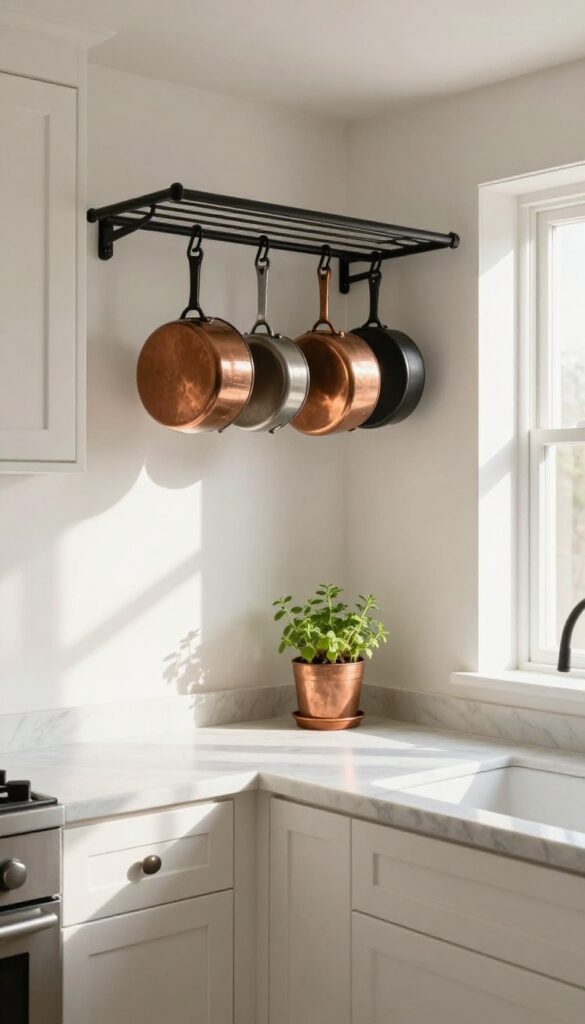 Small kitchen with a black metal pot rack hanging copper and cast iron cookware above an island, bright natural light