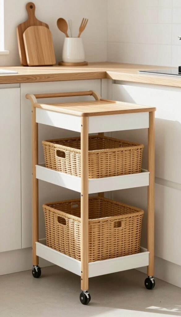 Customizable modular kitchen trolley with stackable bins in a bright, airy kitchen