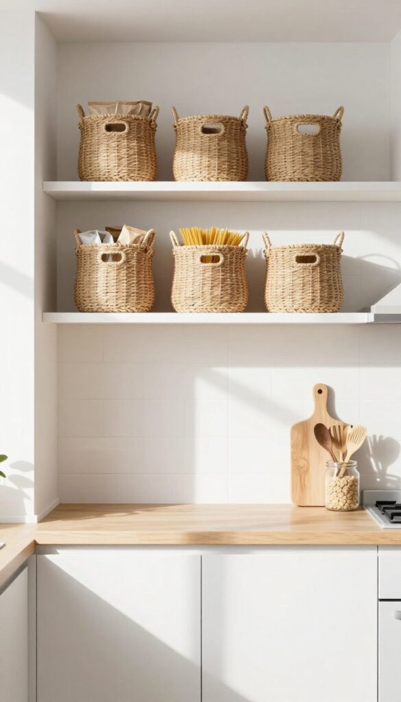 Modern kitchen with open shelving and woven baskets for dry goods storage