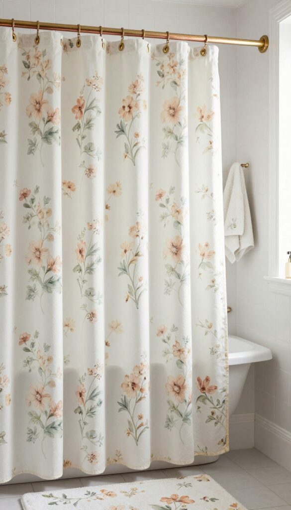 Vintage floral extra long shower curtain with metallic hooks in a bright, naturally lit bathroom.
