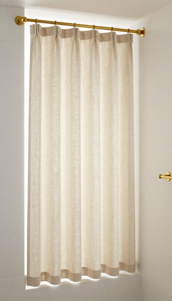 Brass shower curtain rod in a bright bathroom with textured linen curtains and neutral decor, showcasing warm elegance for a polished look.