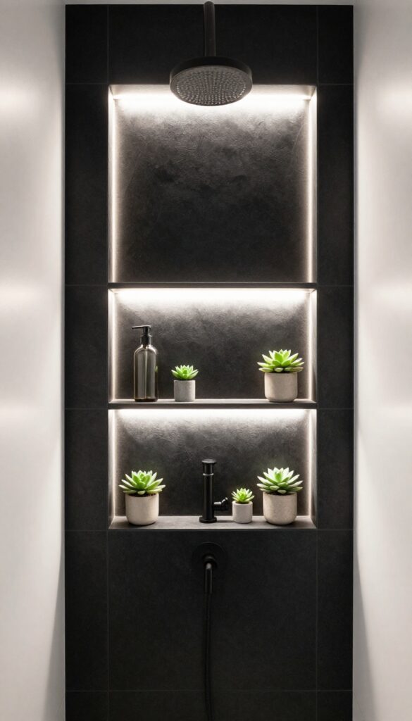 A photorealistic image of a black shower niche with LED lighting in a contemporary bathroom, showcasing warm white lights illuminating matching toiletries and a plant for a modern, spa-like aesthetic.