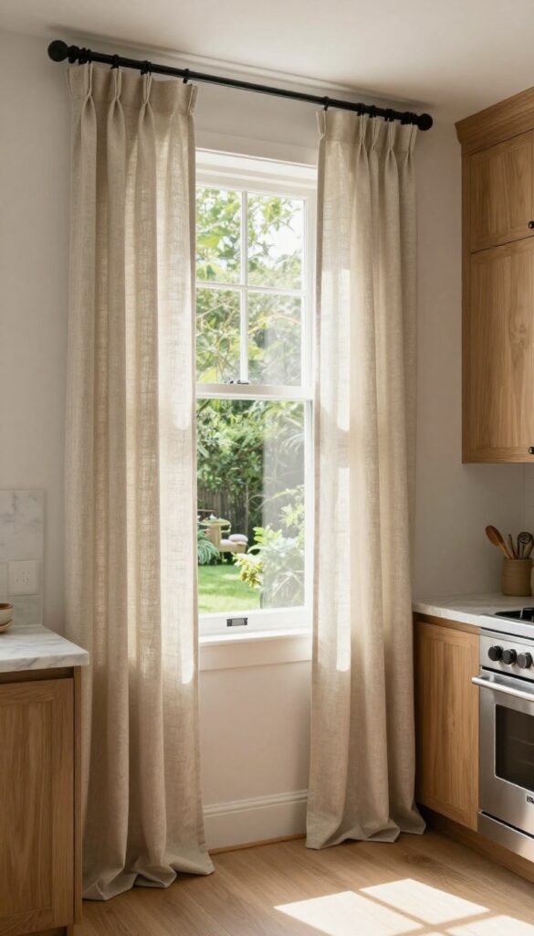 Kitchen with oatmeal linen curtains over a window above the sink, soft natural light, wood cabinets and marble counters.