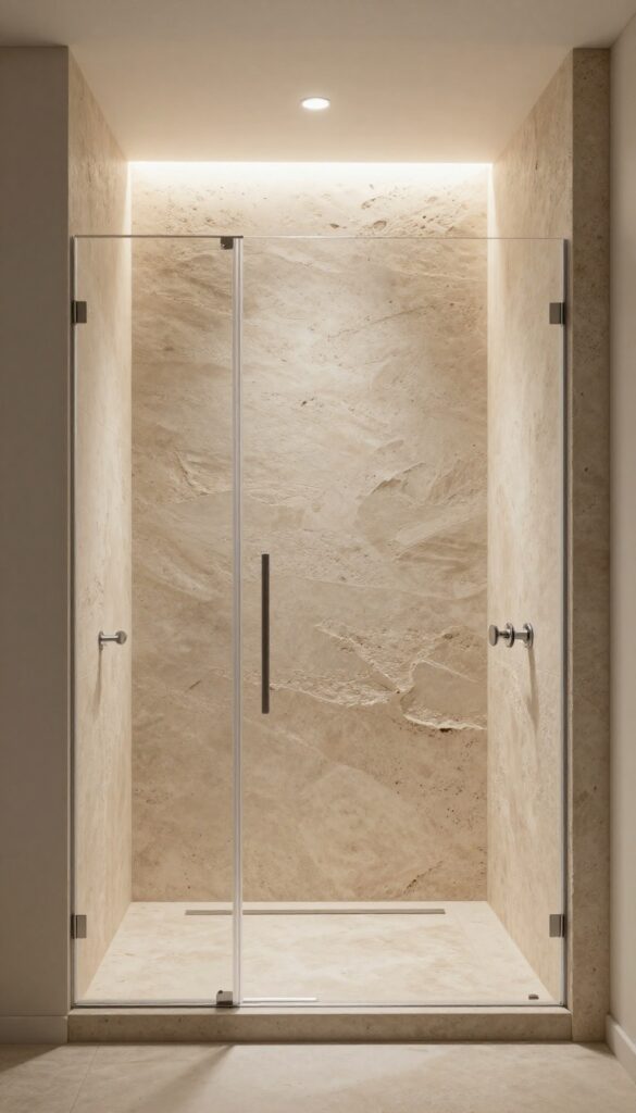 A serene shower enclosure with natural stone finishes, showcasing textured slate or travertine in bright natural light for a calming, spa-like bathroom design.