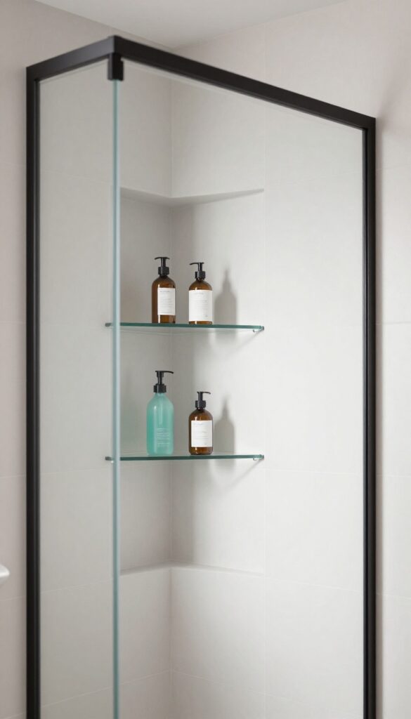 Glass shower with recessed niche and clear glass shelves