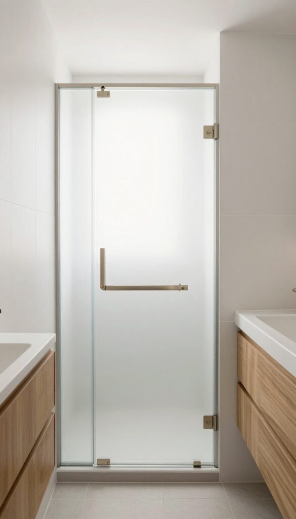 A modern bathroom with a half-frosted glass shower door showing privacy at the bottom and openness at the top, set in a bright, clean space with white walls and natural materials.