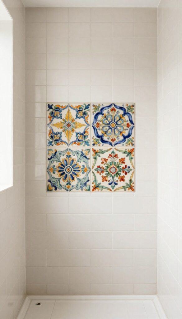 A photorealistic shower interior featuring a cluster of hand-painted floral or abstract tiles as a focal art piece on a neutral subway tile background.