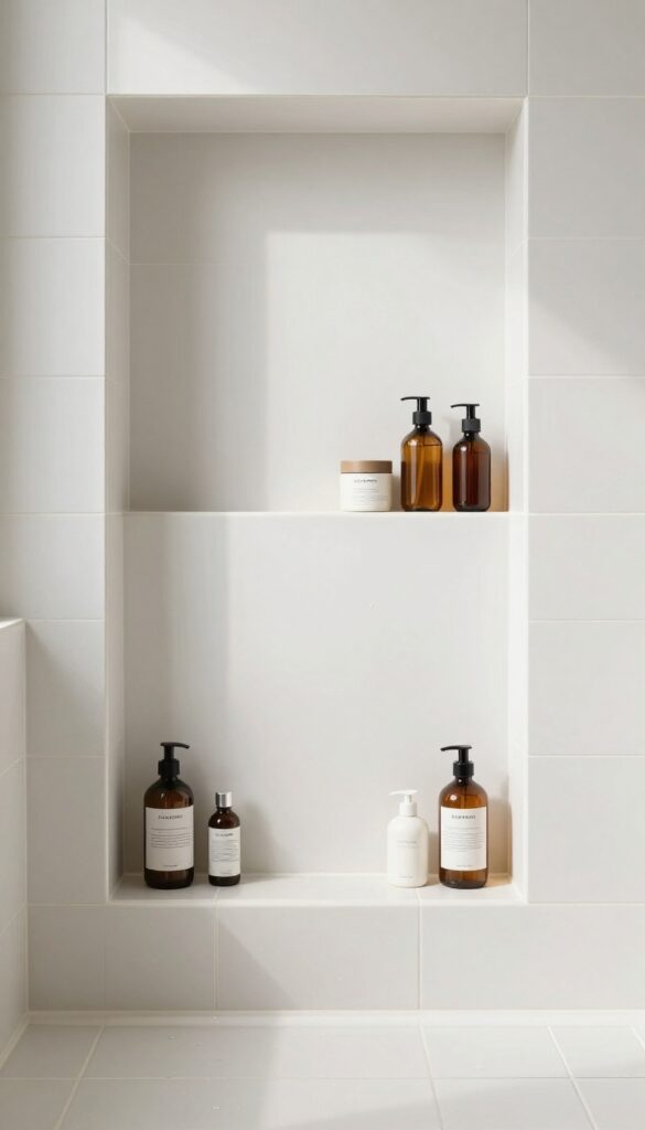 A recessed niche in a tile shower wall for organized storage, enhancing the bathroom's clean and custom look.