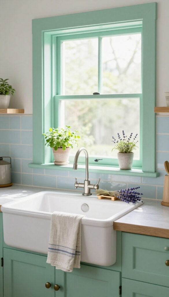 Mint green window frame with hanging wooden drying rack over sink, fresh herbs and towels