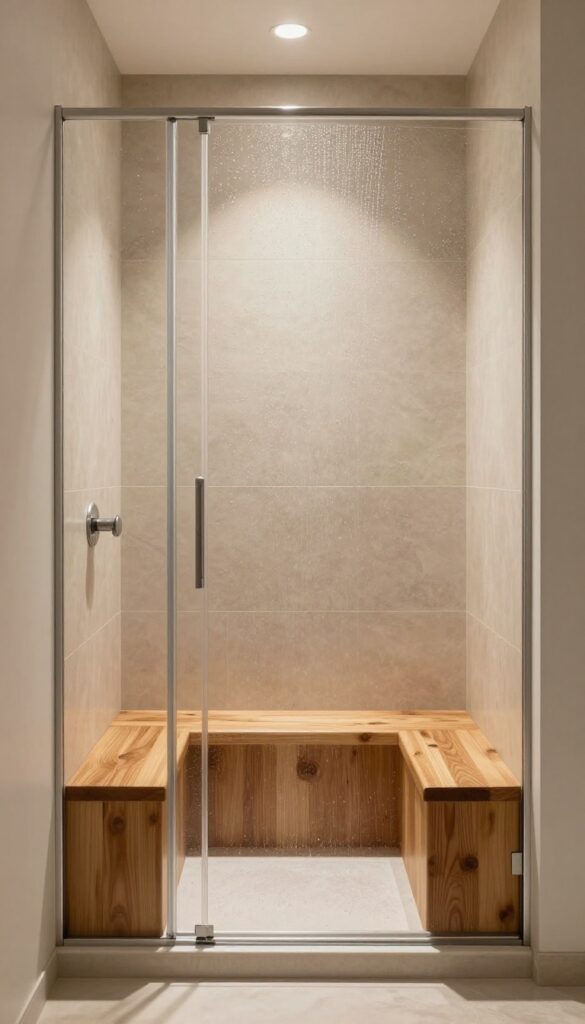 A doorless walk-in shower with a built-in teak bench for seating, showcasing practical and stylish home decor in bright natural light.