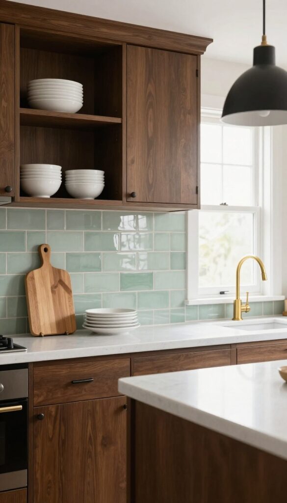 Kitchen with brown cabinets and soft sage green zellige tile backsplash