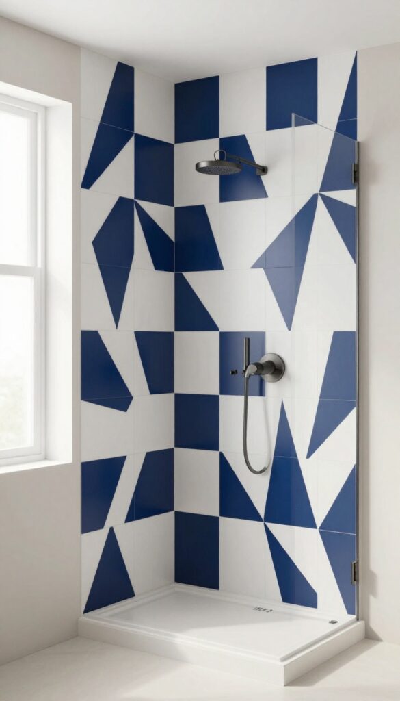 A knee wall shower with a painted geometric design in a modern bathroom, highlighting clean lines and bold colors for a customizable, budget-friendly look.