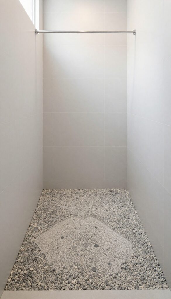 A curbless shower with a pebble floor for a spa-like feel in a polished bathroom.