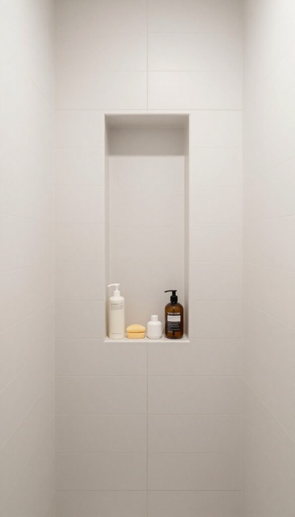 A built-in shower niche in a small walk-in shower with bright natural lighting and clean tile design.