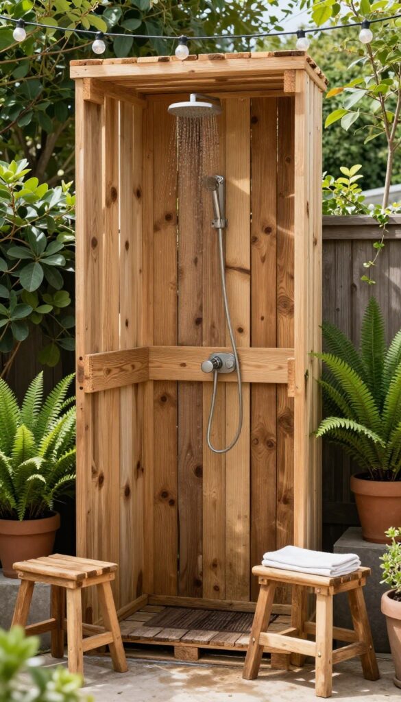 A rustic DIY outdoor shower made from reclaimed pallets with natural wood accents, surrounded by greenery and potted plants in a sunny backyard setting.
