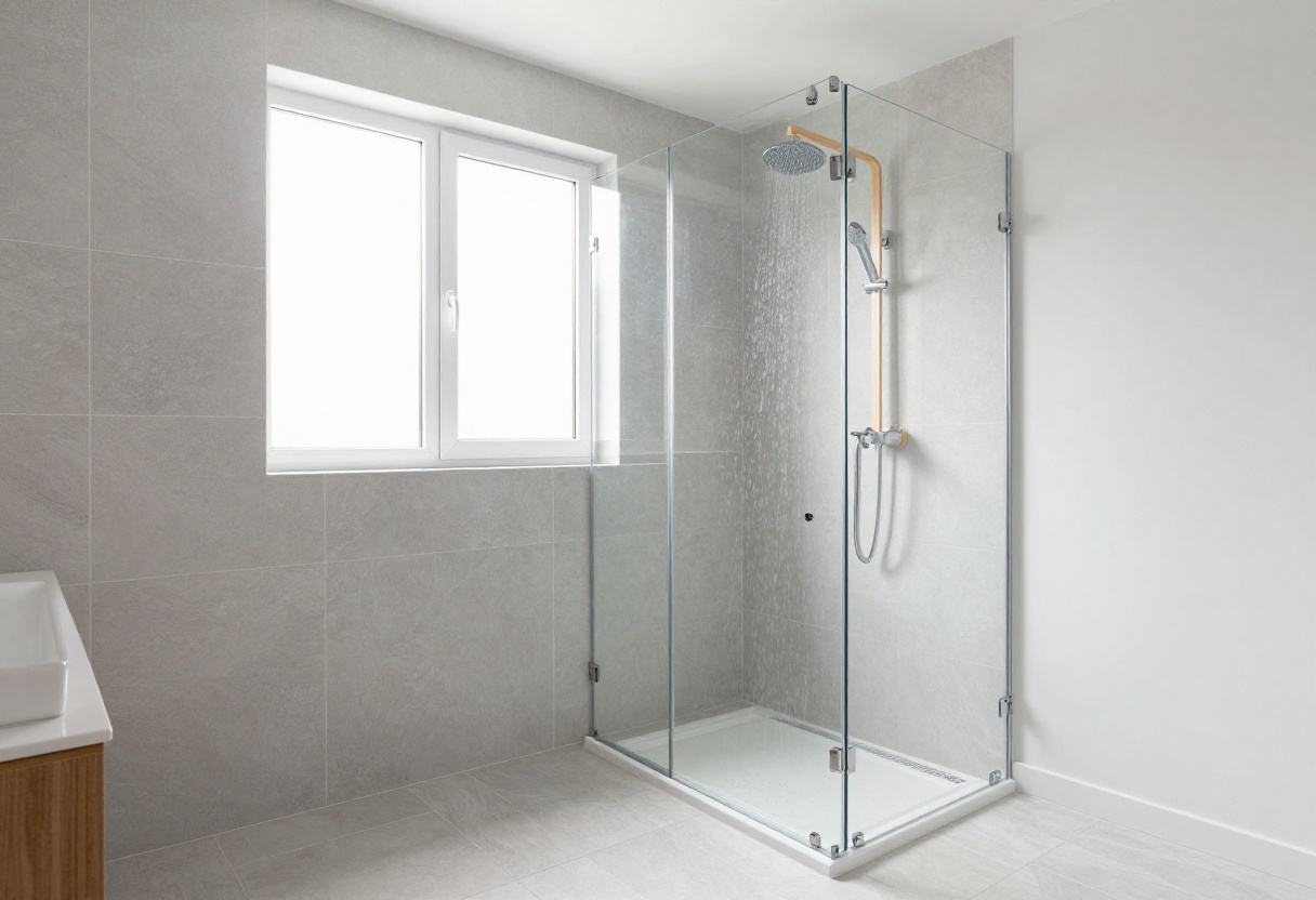 Modern bathroom with a curbless walk-in shower featuring a large-format tile base and linear drain