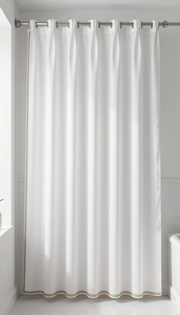 A tall shower curtain with decorative trim in a bright, clean bathroom setting