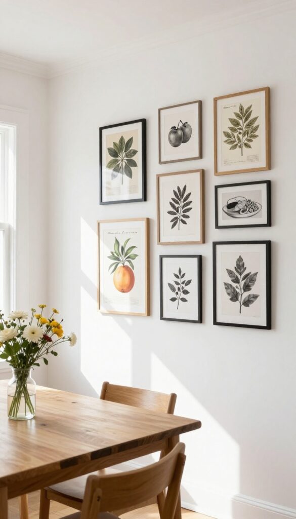 Small gallery wall of food art in a bright kitchen