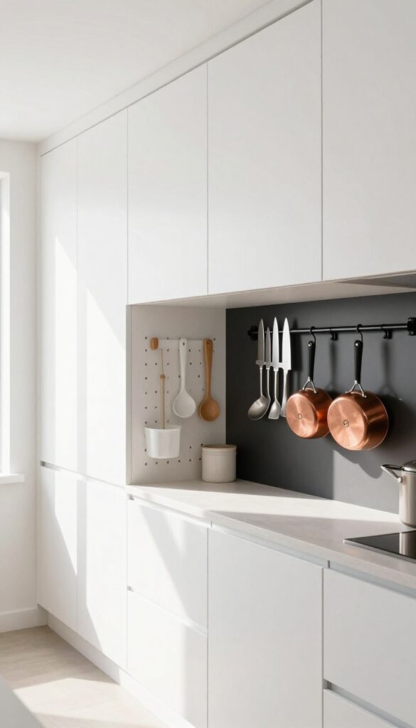 Narrow kitchen with vertical storage: tall white cabinets, black magnetic strip with utensils, hanging pot rack, and pegboard.