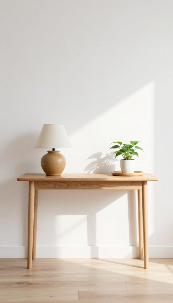 Slim console table with lamp, plant, and tray against empty kitchen wall