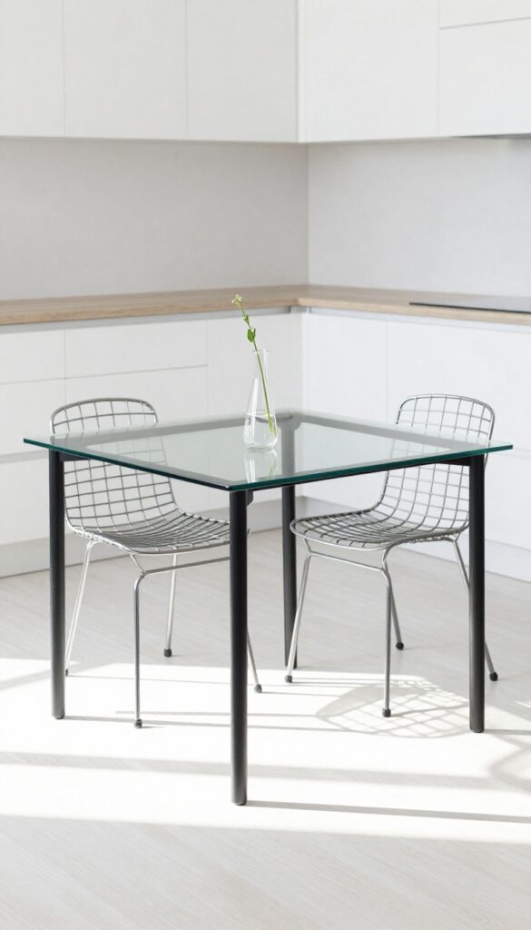 Glass-top table with slim black metal legs in a small bright kitchen, reflecting light and paired with open-back chairs