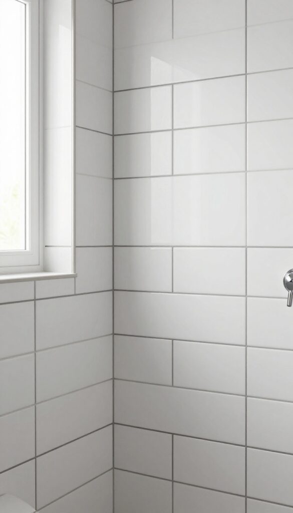 Close-up view of a shower wall with white subway tiles and dark gray grout, highlighting the contrast and texture in a modern bathroom setting.