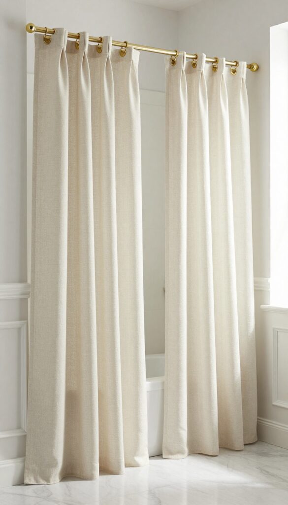 A long linen shower curtain elegantly tied back with brass hooks in a bright, clean bathroom, showcasing a polished and spacious look without clutter.