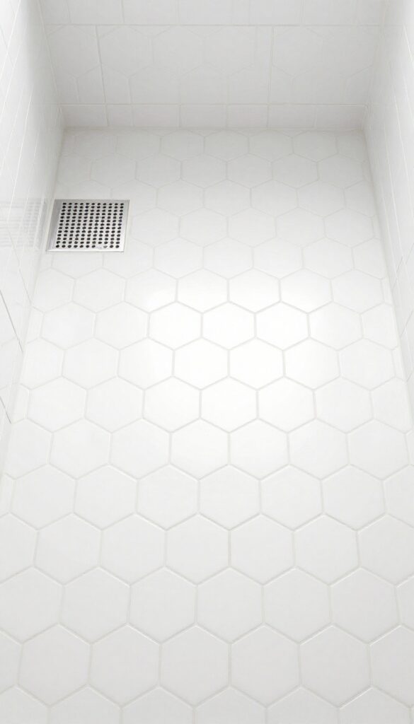 Square tile-in drain seamlessly blending with white hexagon shower floor tiles
