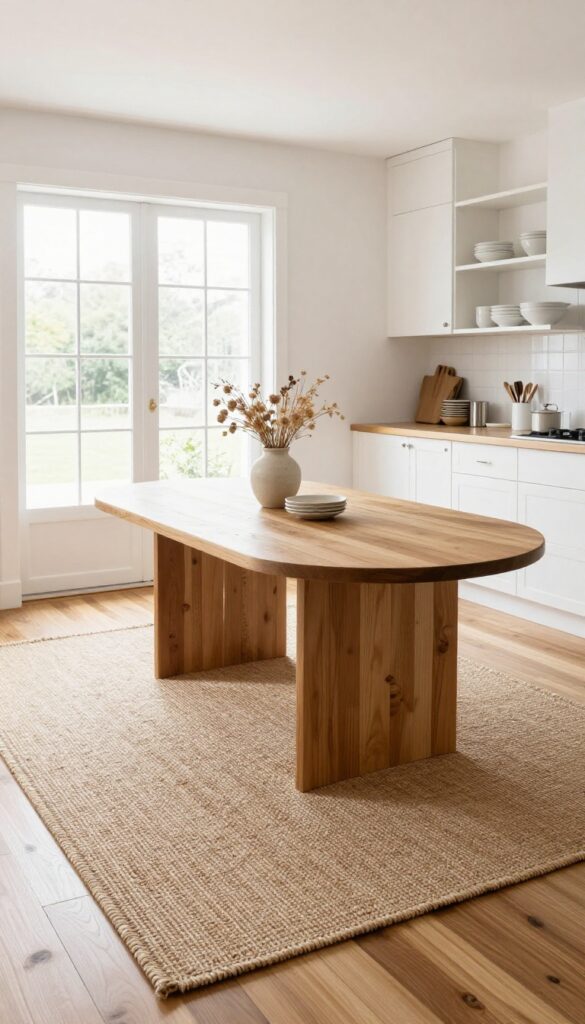 Neutral kitchen with large jute rug under dining table by window