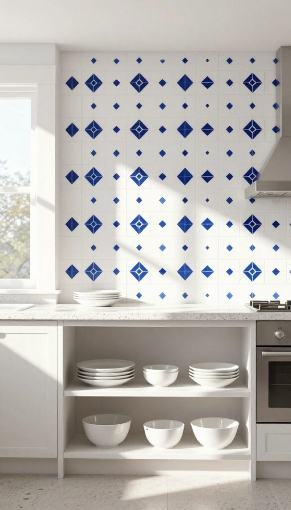 White subway tile backsplash with navy blue geometric stencil pattern in a bright kitchen