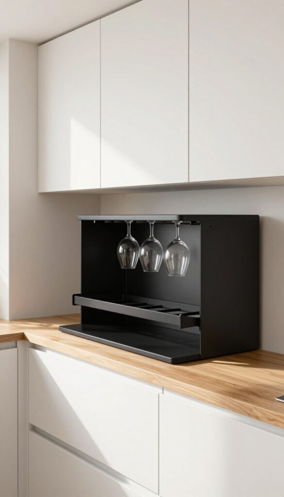 Under-cabinet wine glass rack holding upside-down wine glasses in a bright modern kitchen