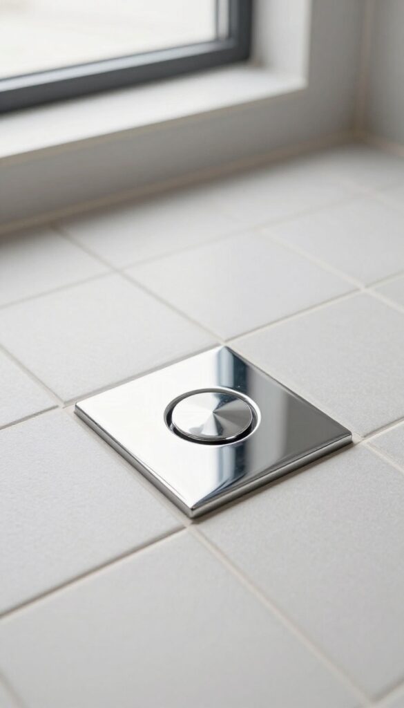 Round chrome drain cover on light gray hexagonal shower floor tile