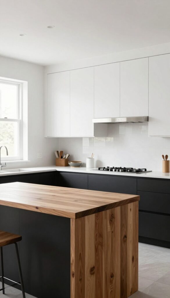 White and black kitchen with wood butcher-block island