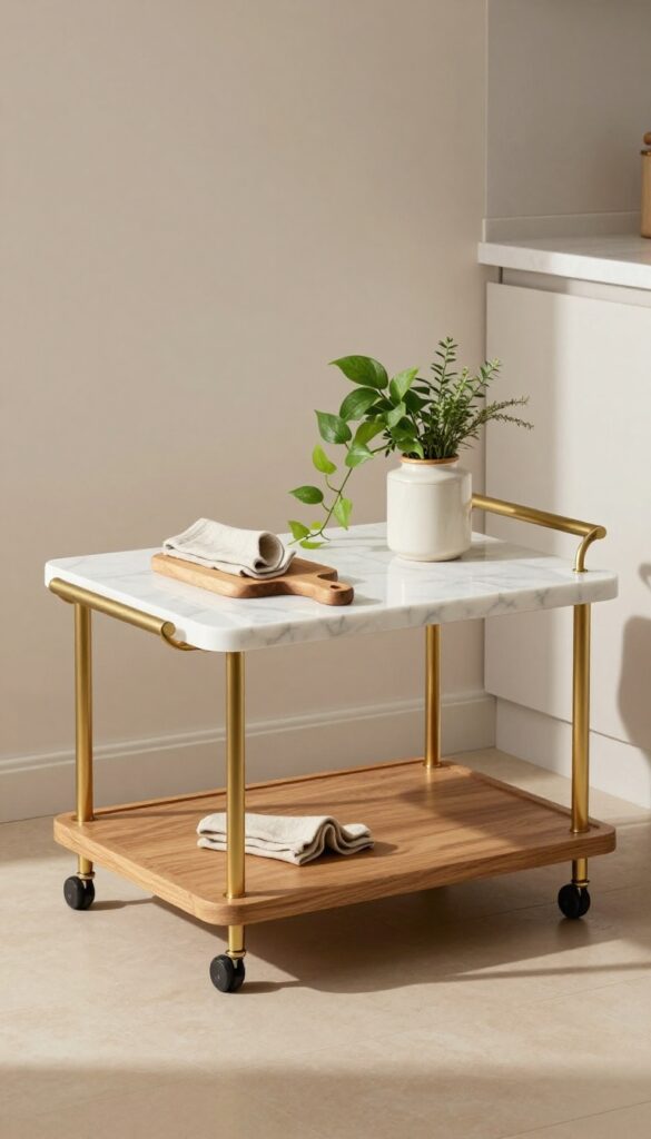 Marble-top kitchen trolley with brass accents, wooden shelf, and plants in a bright modern kitchen